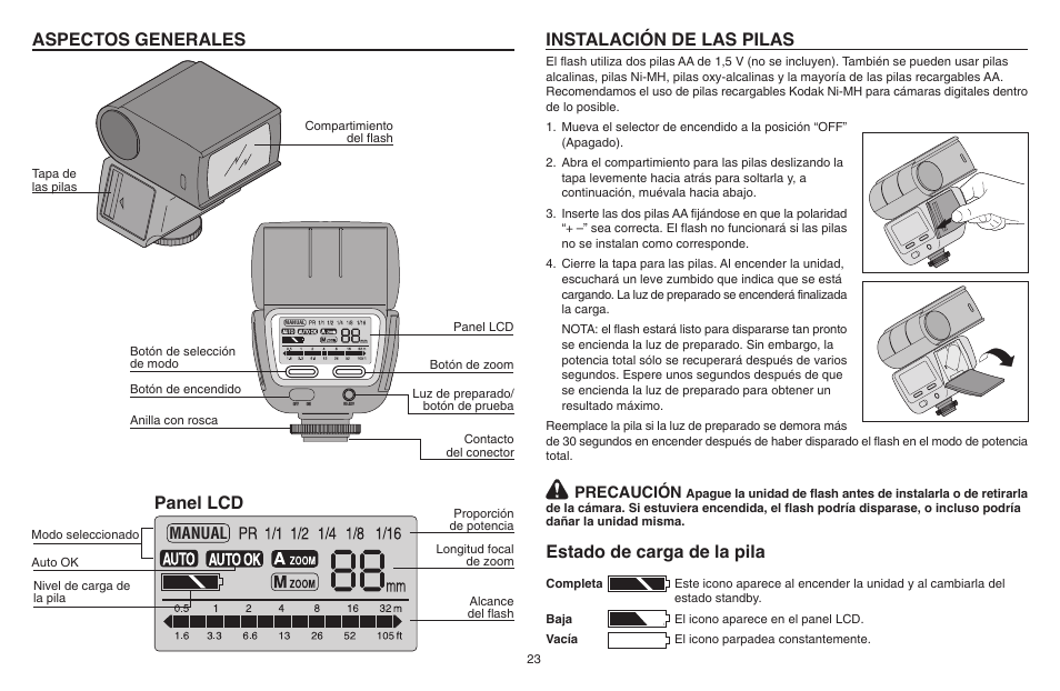 Aspectos generales, Panel lcd, Instalación de las pilas | Estado de carga de la pila, Manual, Precaución | Kodak P20 User Manual | Page 23 / 52