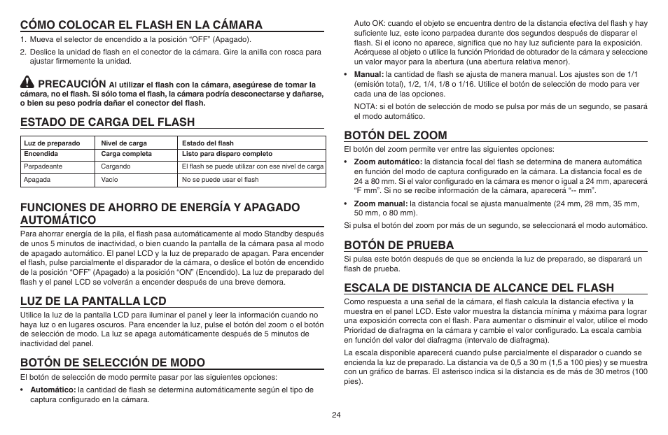 Cómo colocar el flash en la cámara, Estado de carga del flash, Luz de la pantalla lcd | Botón de selección de modo, Botón del zoom, Botón de prueba, Escala de distancia de alcance del flash | Kodak P20 User Manual | Page 24 / 52