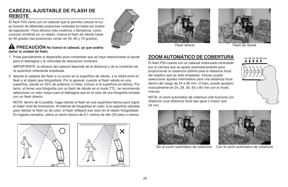 Cabezal ajustable de flash de rebote, Zoom automático de cobertura | Kodak P20 User Manual | Page 25 / 52