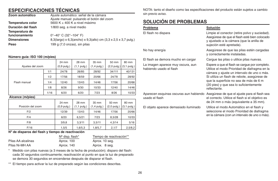 Especificaciones técnicas, Solución de problemas | Kodak P20 User Manual | Page 26 / 52