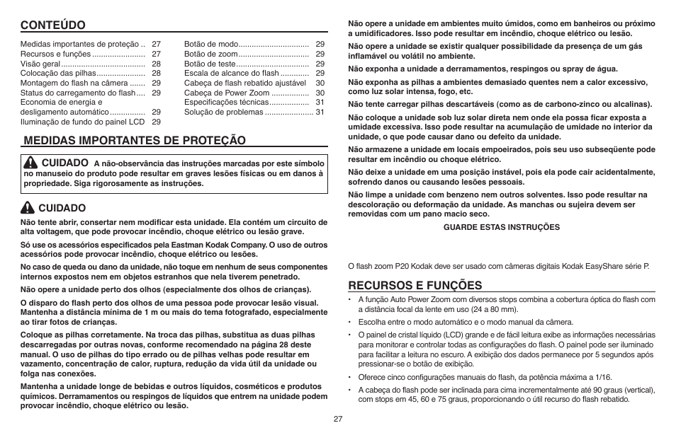 Conteúdo medidas importantes de proteção, Recursos e funções | Kodak P20 User Manual | Page 27 / 52