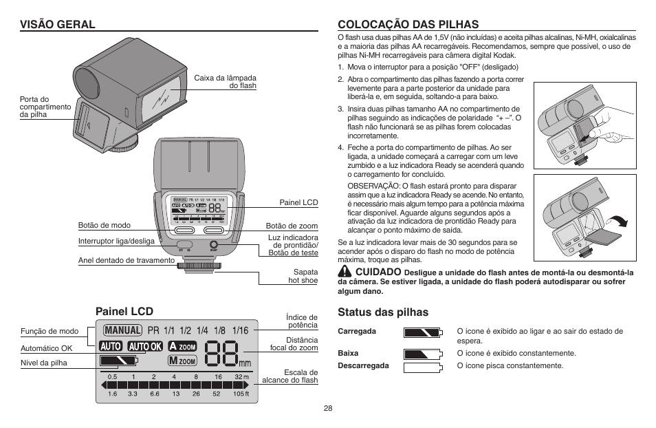 Visão geral, Painel lcd, Colocação das pilhas | Status das pilhas, Manual, Cuidado | Kodak P20 User Manual | Page 28 / 52