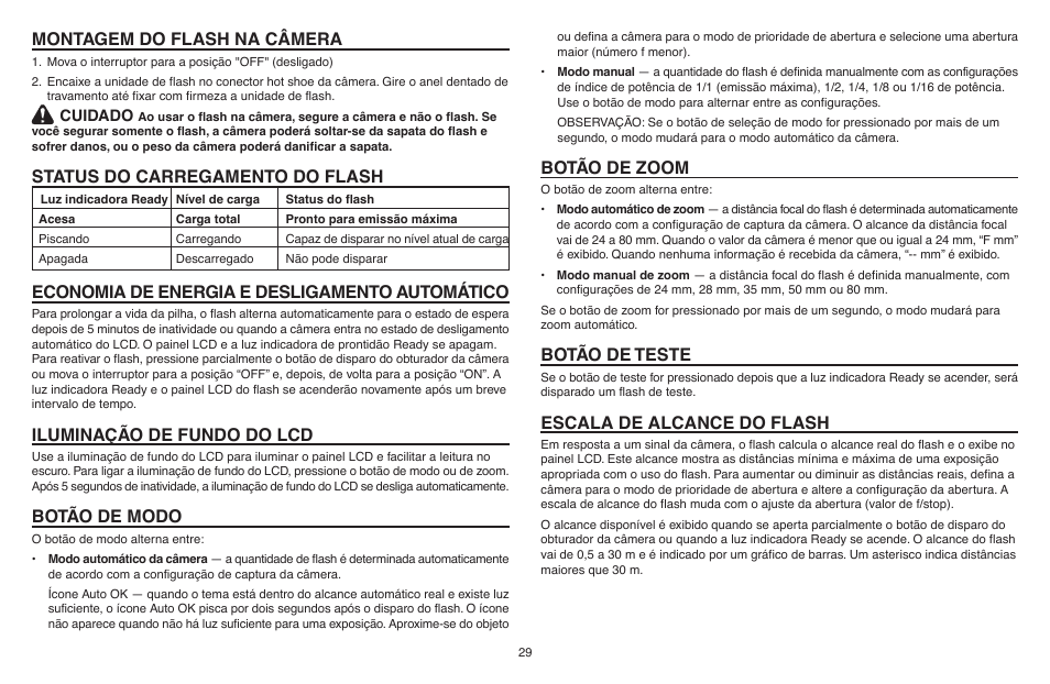 Montagem do flash na câmera, Status do carregamento do flash, Economia de energia e desligamento automático | Iluminação de fundo do lcd, Botão de modo, Botão de zoom, Botão de teste, Escala de alcance do flash | Kodak P20 User Manual | Page 29 / 52