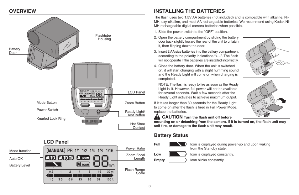 Overview, Lcd panel, Installing the batteries | Battery status | Kodak P20 User Manual | Page 3 / 52