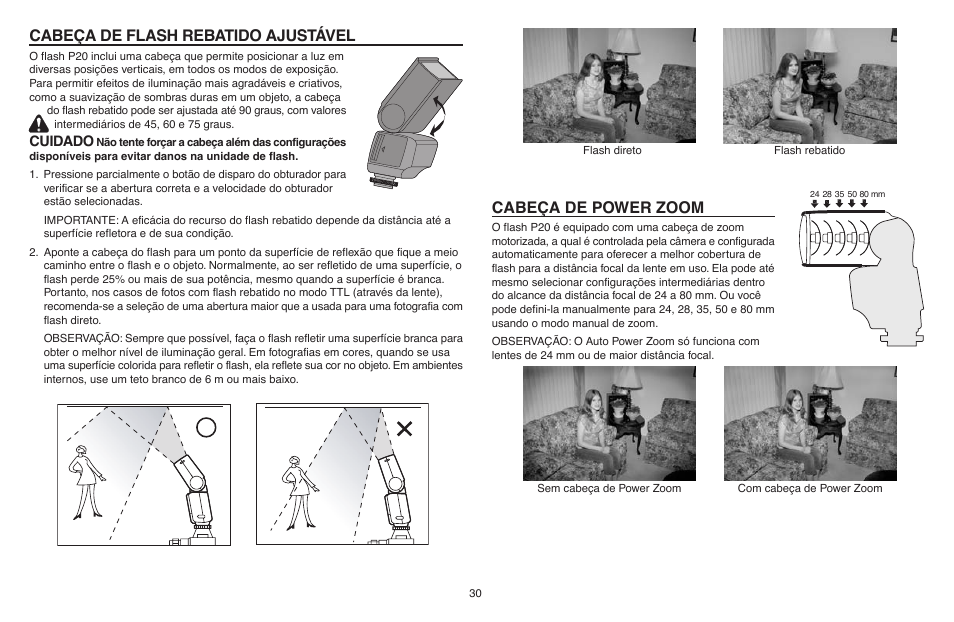 Cabeça de flash rebatido ajustável, Cabeça de power zoom, Cuidado | Kodak P20 User Manual | Page 30 / 52