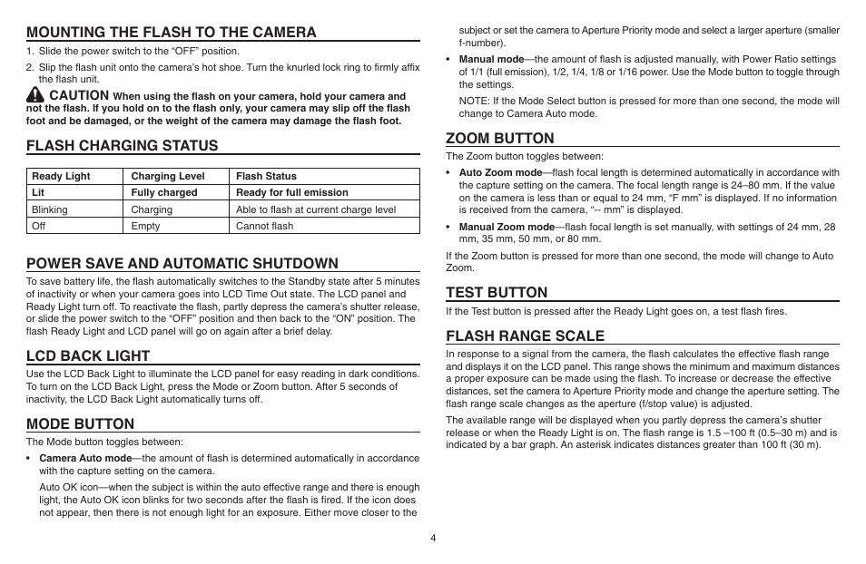 Mounting the flash to the camera, Flash charging status, Power save and automatic shutdown | Lcd back light, Mode button, Zoom button, Test button, Flash range scale | Kodak P20 User Manual | Page 4 / 52