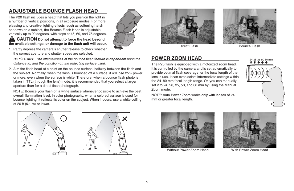 Adjustable bounce flash head, Power zoom head | Kodak P20 User Manual | Page 5 / 52