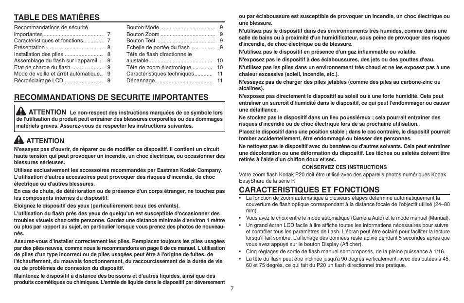 Caracteristiques et fonctions | Kodak P20 User Manual | Page 7 / 52