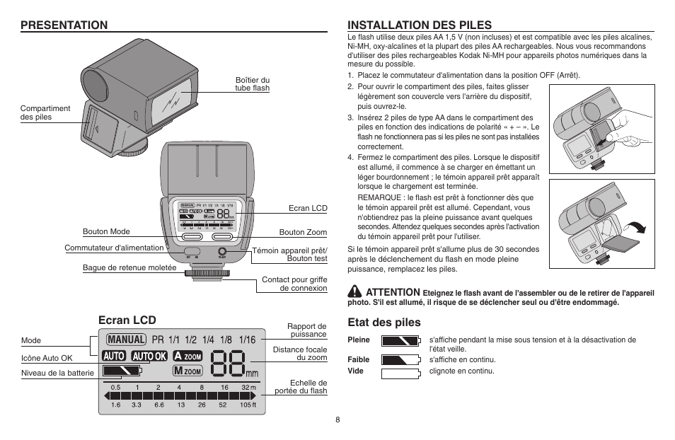 Presentation, Ecran lcd, Installation des piles | Etat des piles | Kodak P20 User Manual | Page 8 / 52