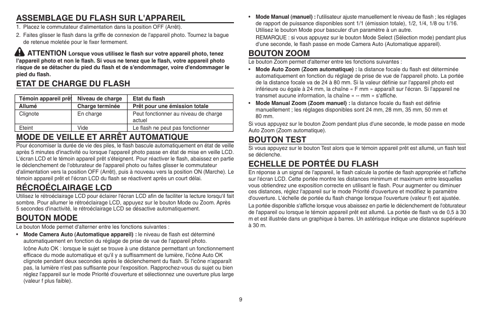 Assemblage du flash sur l'appareil, Etat de charge du flash, Mode de veille et arrêt automatique | Récroéclairage lcd, Bouton mode, Bouton zoom, Bouton test, Echelle de portée du flash | Kodak P20 User Manual | Page 9 / 52