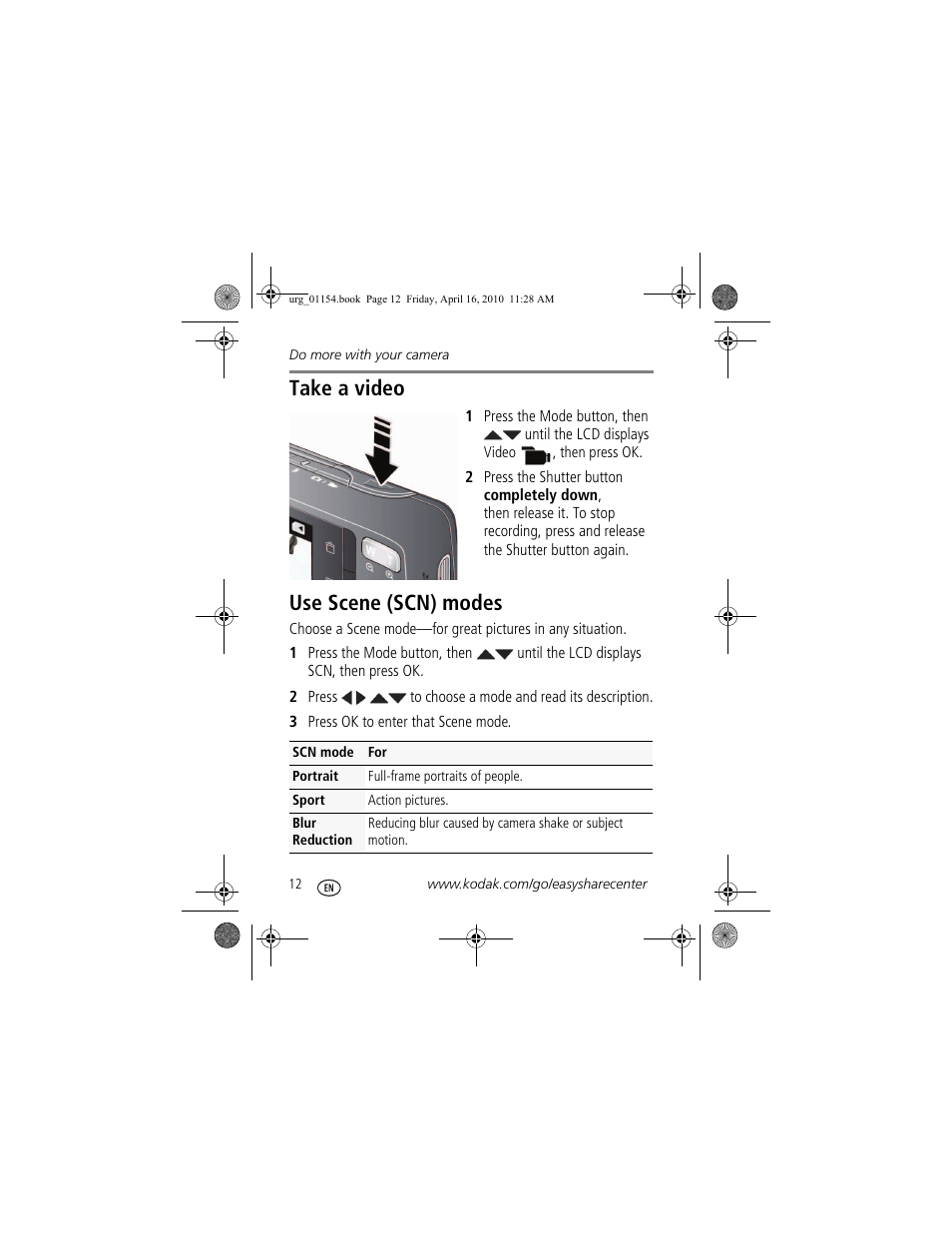 Take a video, Use scene (scn) modes | Kodak KLIC-7006 User Manual | Page 12 / 28