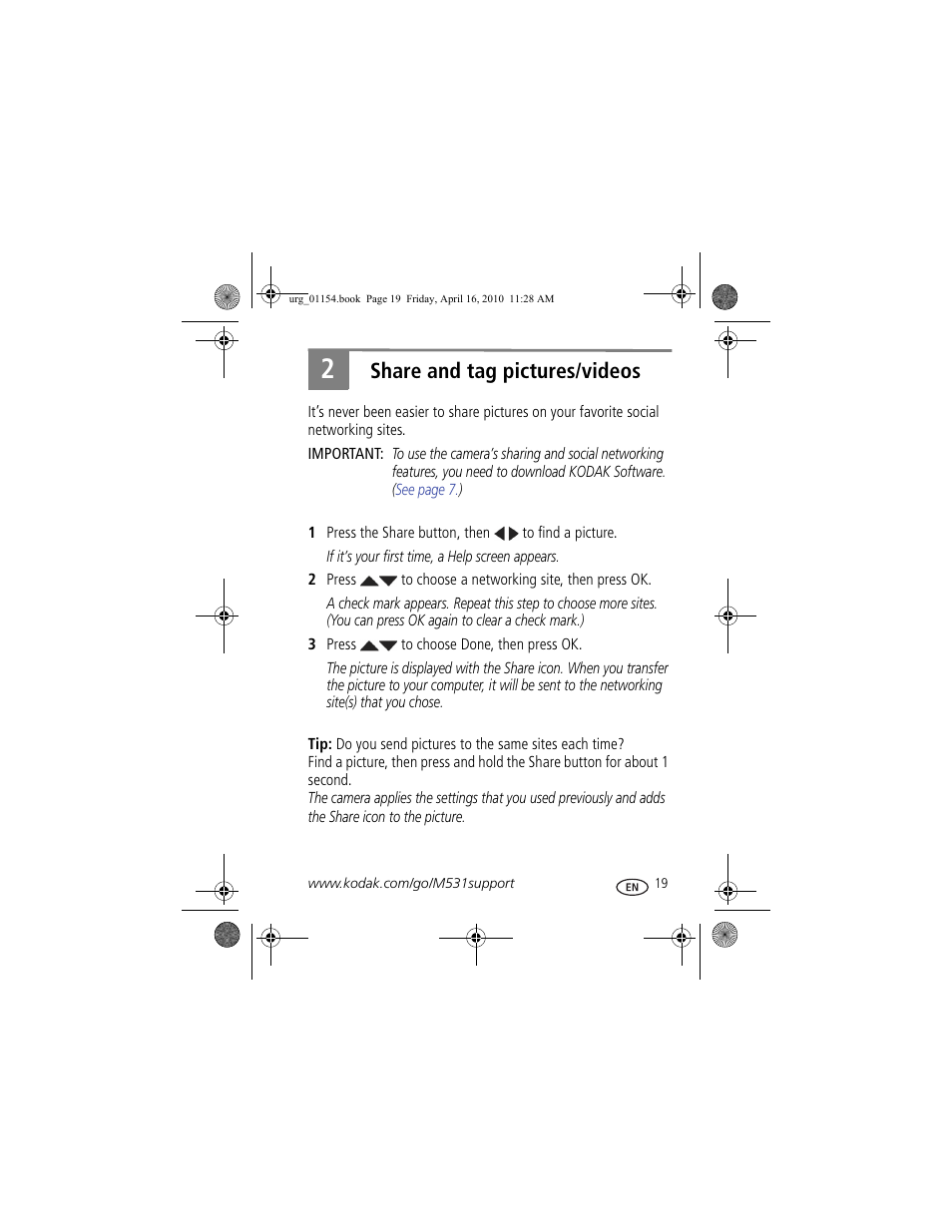 Share and tag pictures/videos | Kodak KLIC-7006 User Manual | Page 19 / 28