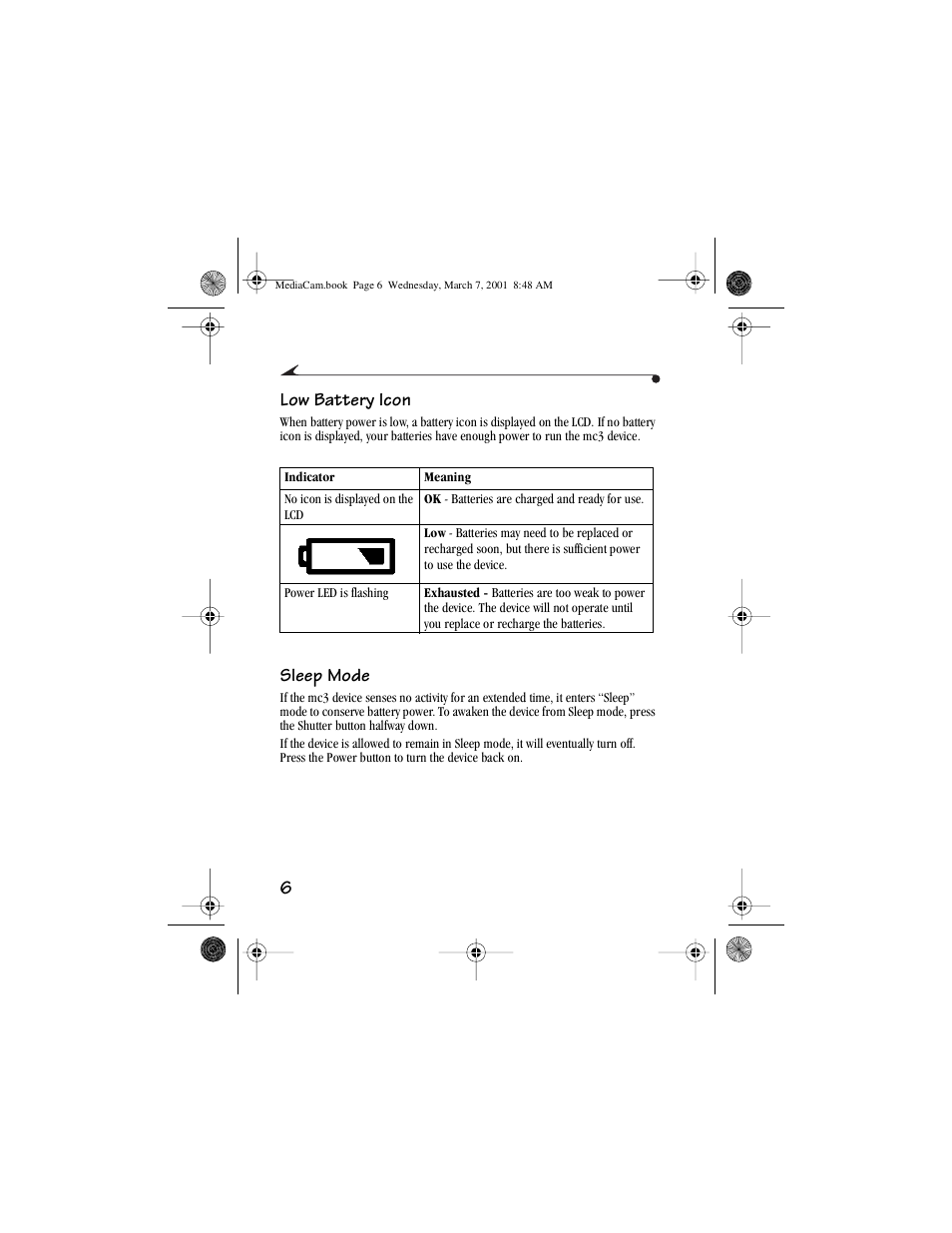 Low battery icon, Sleep mode, Low battery icon sleep mode | 6low battery icon | Kodak mc3 User Manual | Page 12 / 88