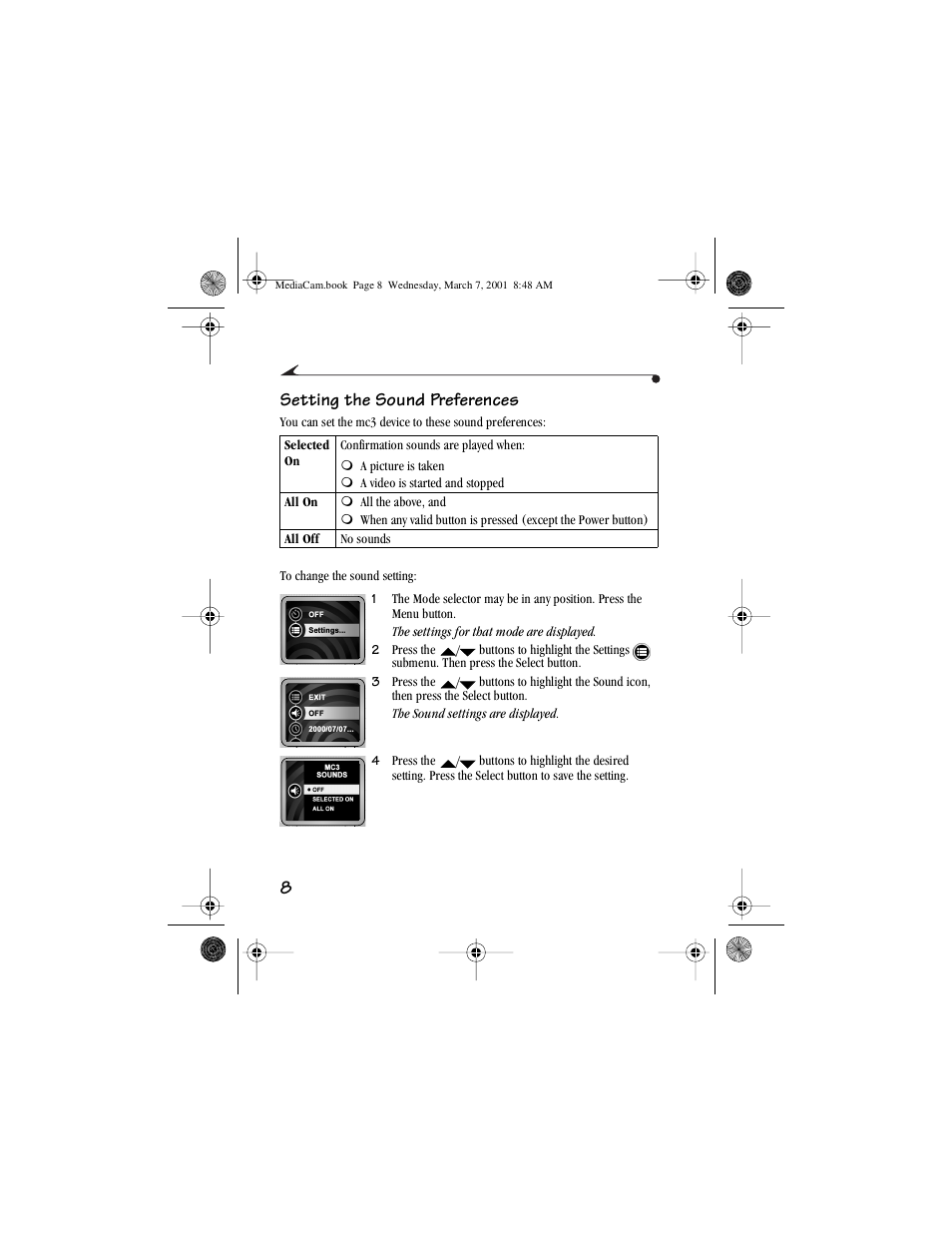 Setting the sound preferences, 8setting the sound preferences | Kodak mc3 User Manual | Page 14 / 88