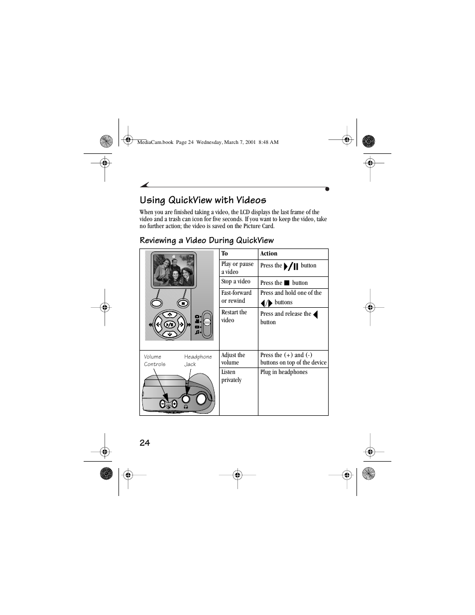 Using quickview with videos, Reviewing a video during quickview | Kodak mc3 User Manual | Page 30 / 88