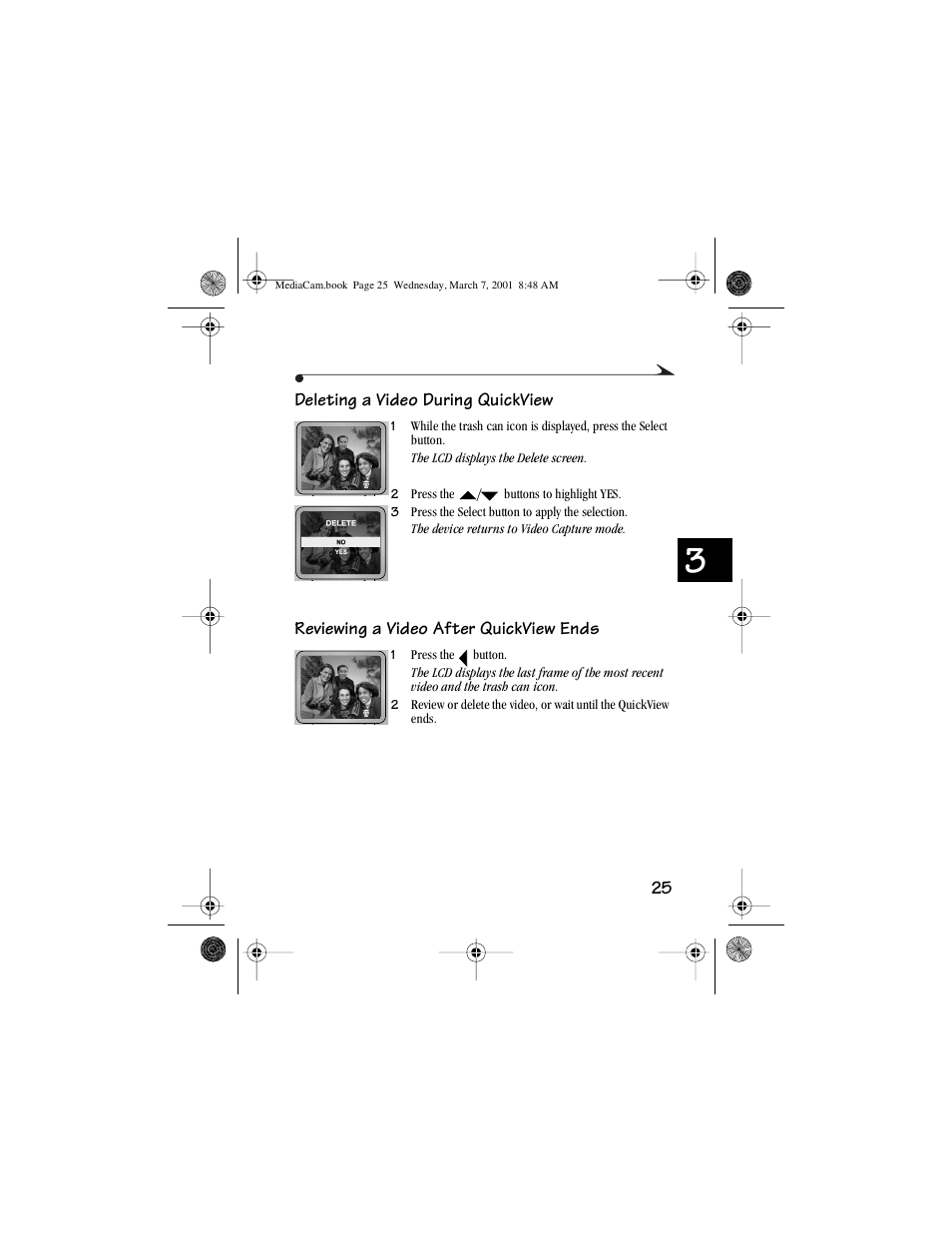 Deleting a video during quickview, Reviewing a video after quickview ends | Kodak mc3 User Manual | Page 31 / 88