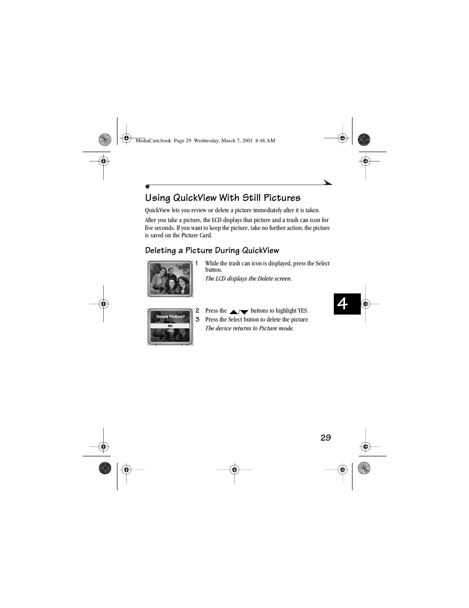 Using quickview with still pictures, Deleting a picture during quickview | Kodak mc3 User Manual | Page 35 / 88