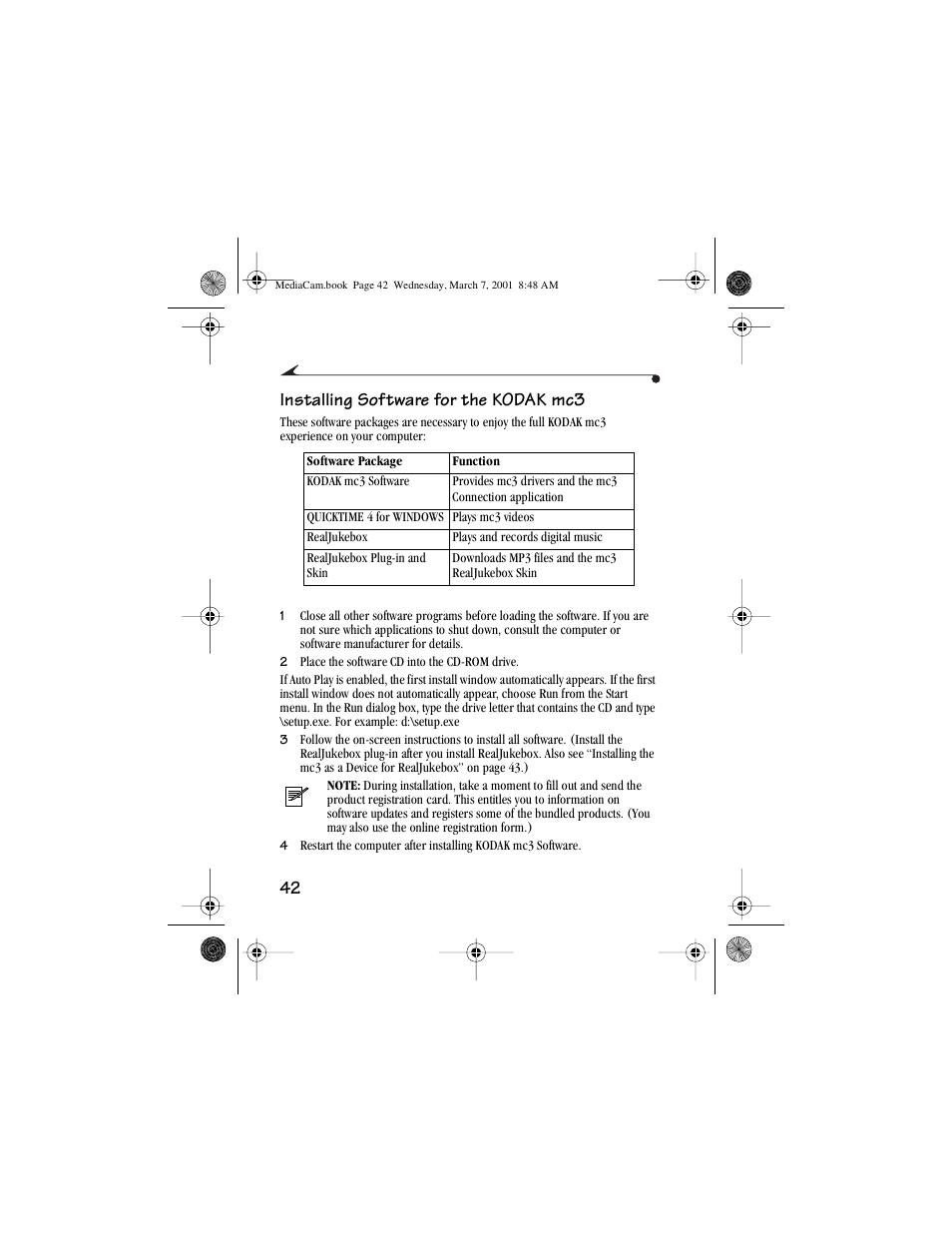 Installing software for the kodak mc3, 42 installing software for the kodak mc3 | Kodak mc3 User Manual | Page 48 / 88