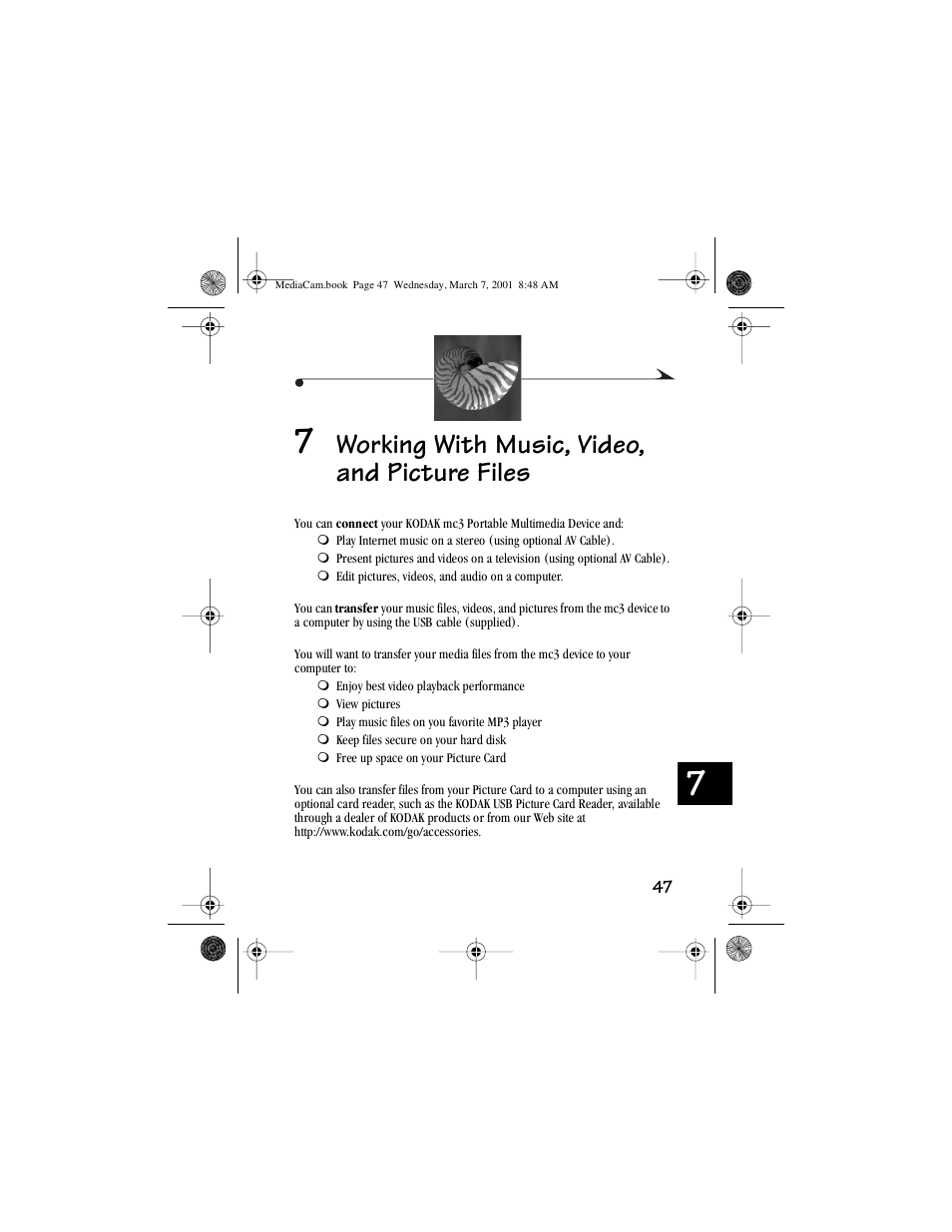 7 working with music, video, and picture files, Working with music, video, and picture files | Kodak mc3 User Manual | Page 53 / 88