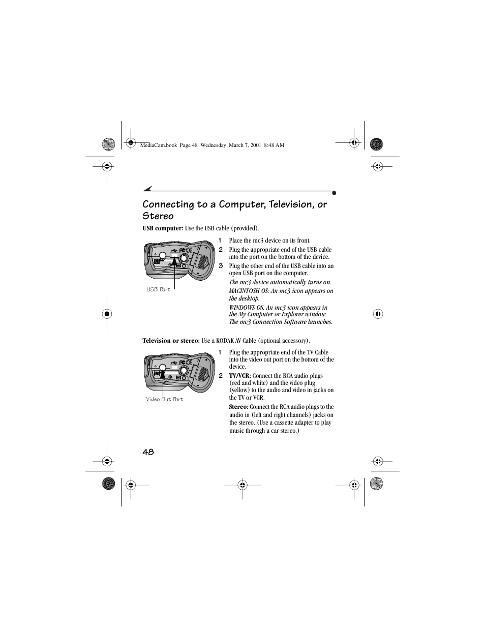 Connecting to a computer, television, or stereo, Usb port, Video out port | Kodak mc3 User Manual | Page 54 / 88