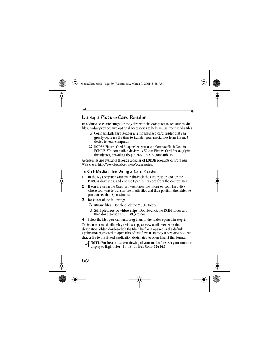 Using a picture card reader, 50 using a picture card reader | Kodak mc3 User Manual | Page 56 / 88