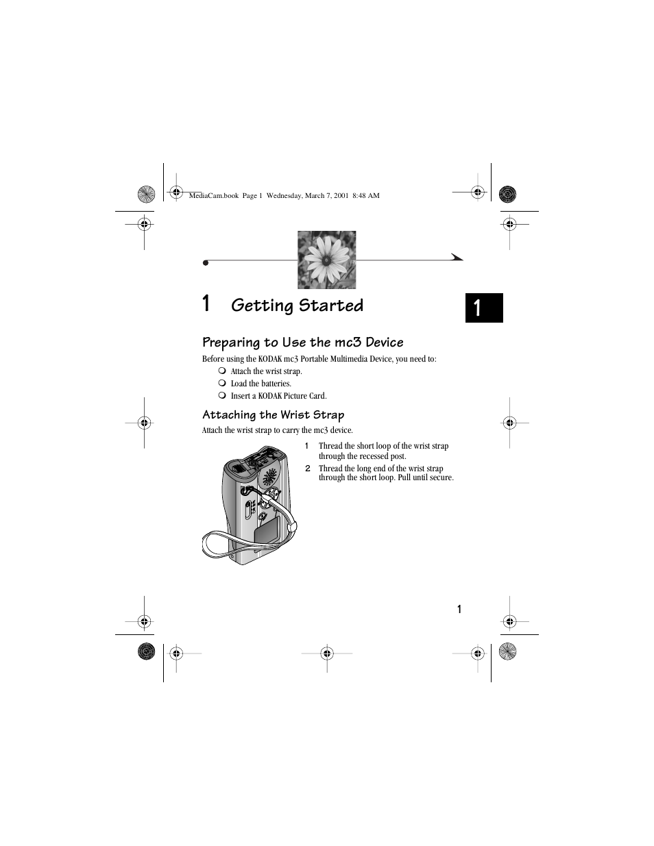 1 getting started, Preparing to use the mc3 device, Attaching the wrist strap | Getting started | Kodak mc3 User Manual | Page 7 / 88