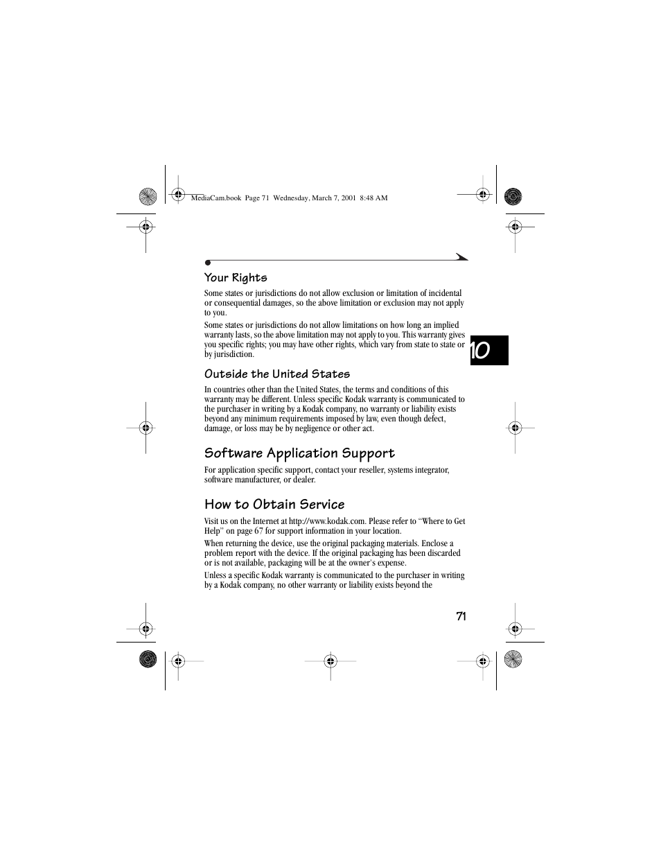 Your rights, Outside the united states, Software application support | How to obtain service, Your rights outside the united states | Kodak mc3 User Manual | Page 77 / 88