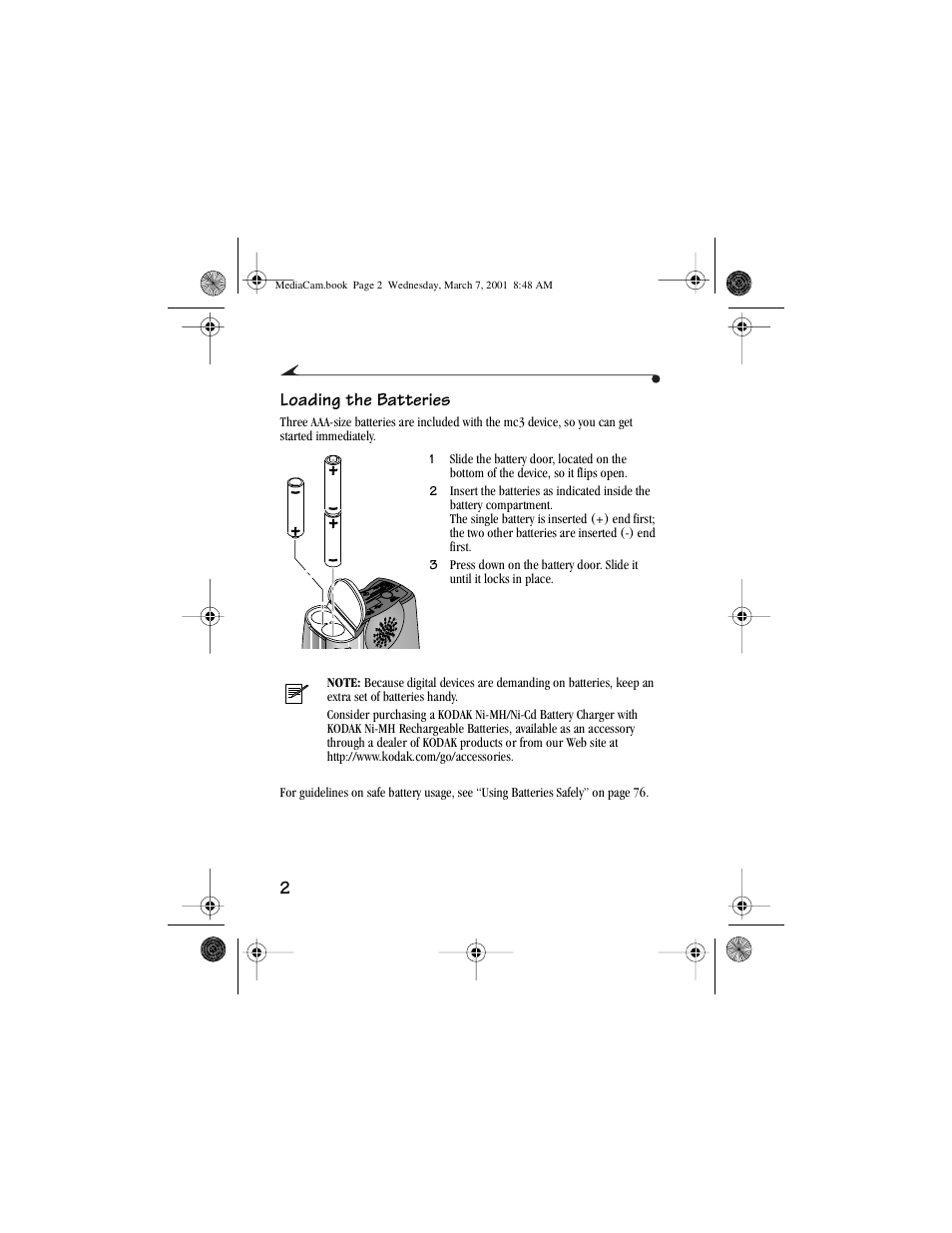 Loading the batteries, 2loading the batteries | Kodak mc3 User Manual | Page 8 / 88