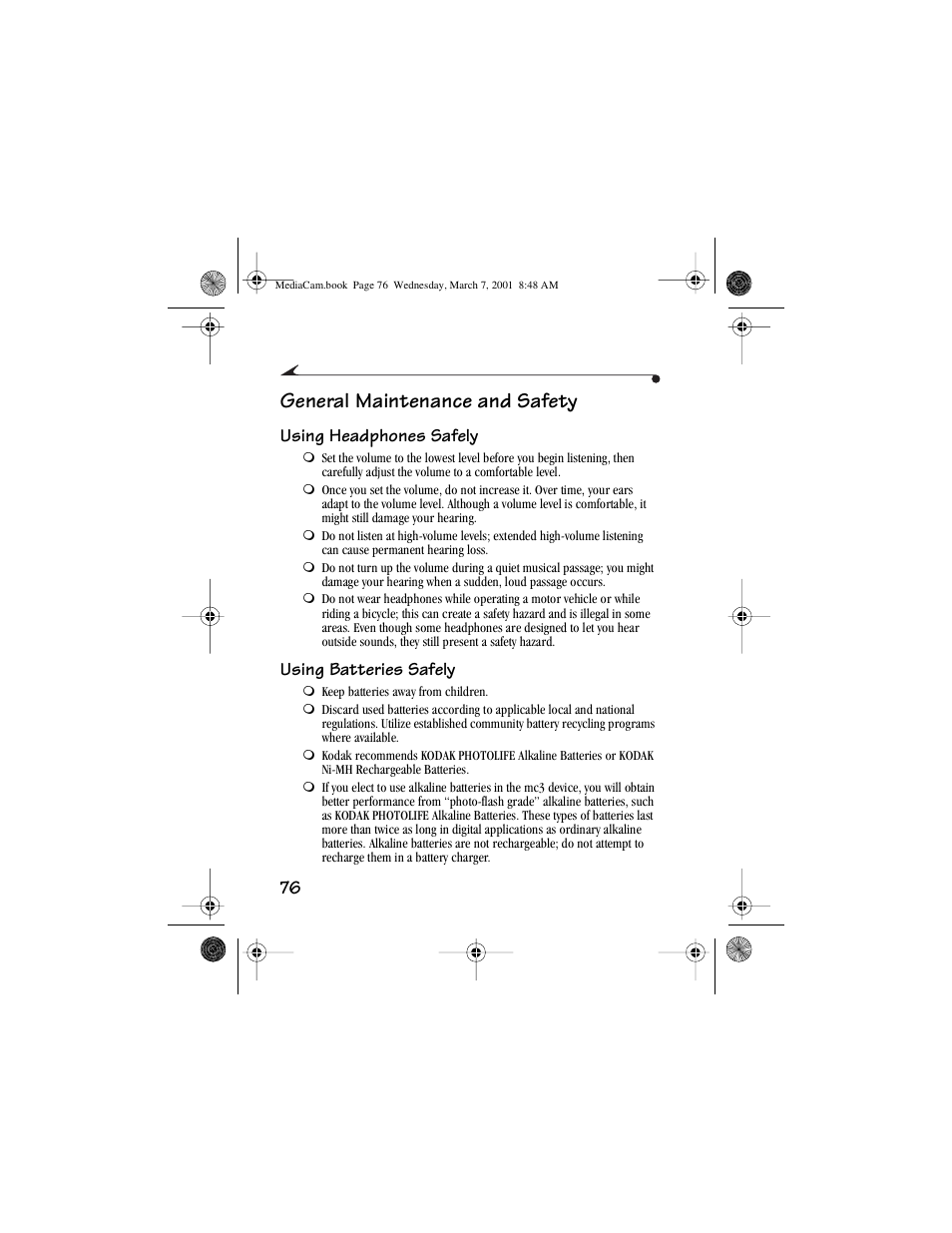 General maintenance and safety, Using headphones safely, Using batteries safely | Using headphones safely using batteries safely | Kodak mc3 User Manual | Page 82 / 88