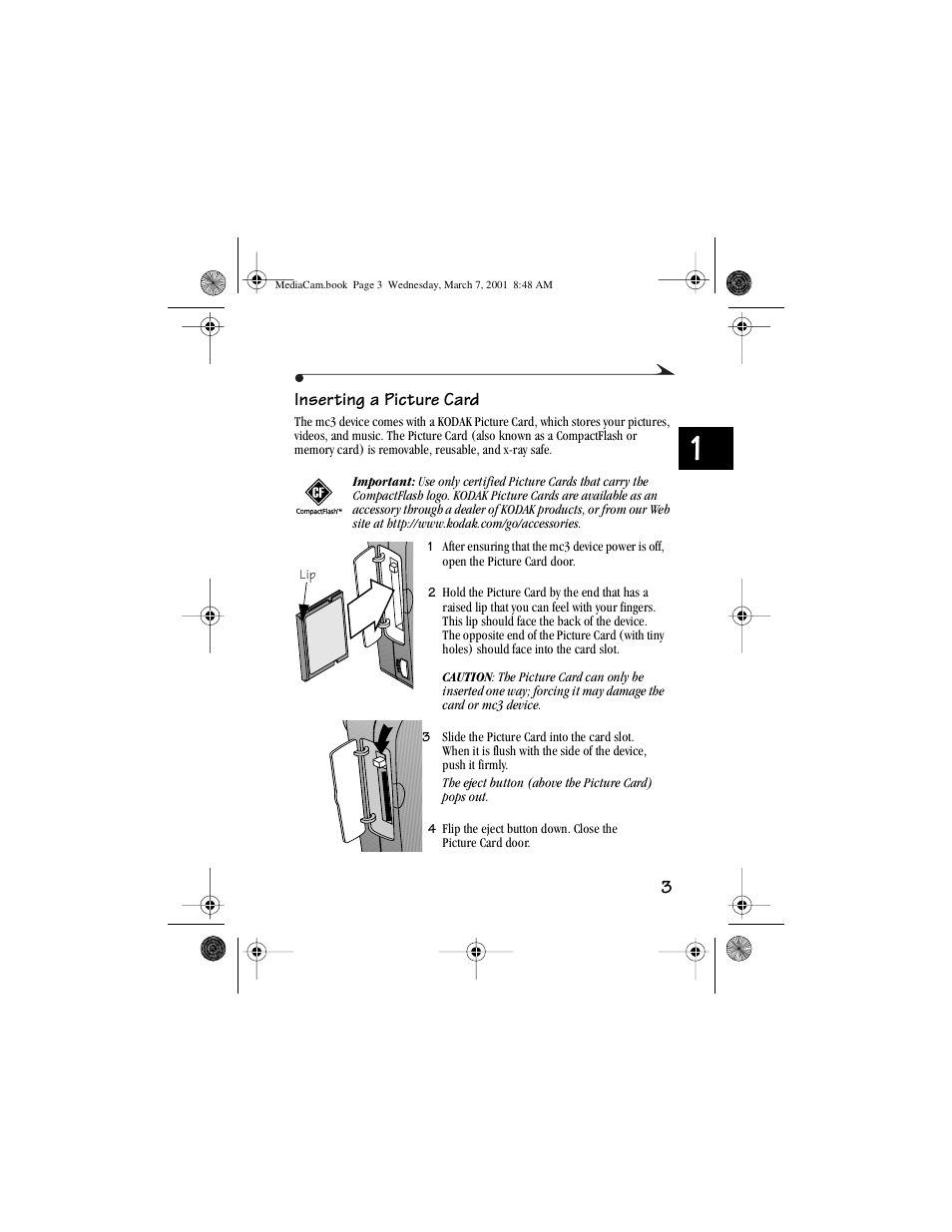 Inserting a picture card | Kodak mc3 User Manual | Page 9 / 88