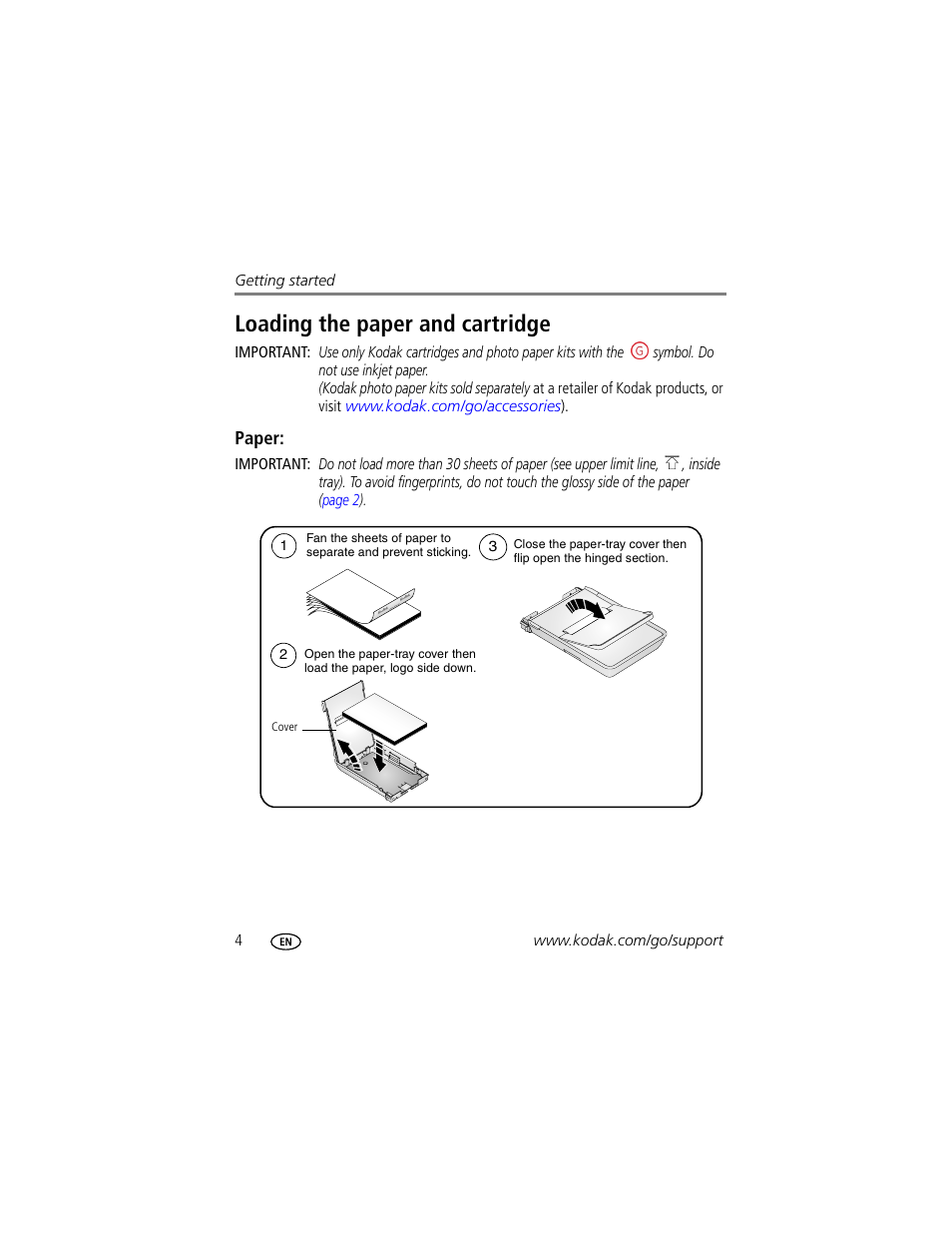 Loading the paper and cartridge, Paper | Kodak G600 User Manual | Page 10 / 76