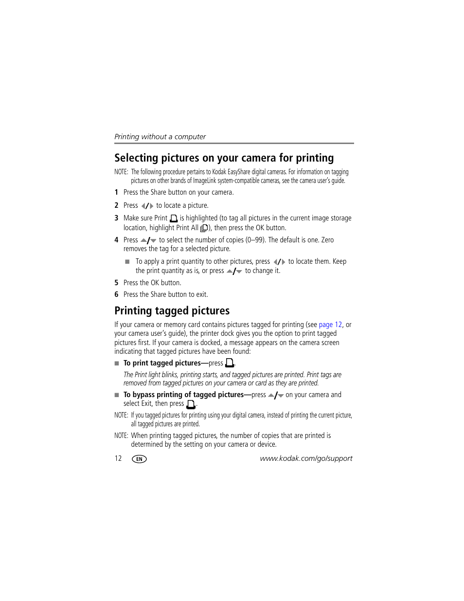 Selecting pictures on your camera for printing, Printing tagged pictures | Kodak G600 User Manual | Page 18 / 76