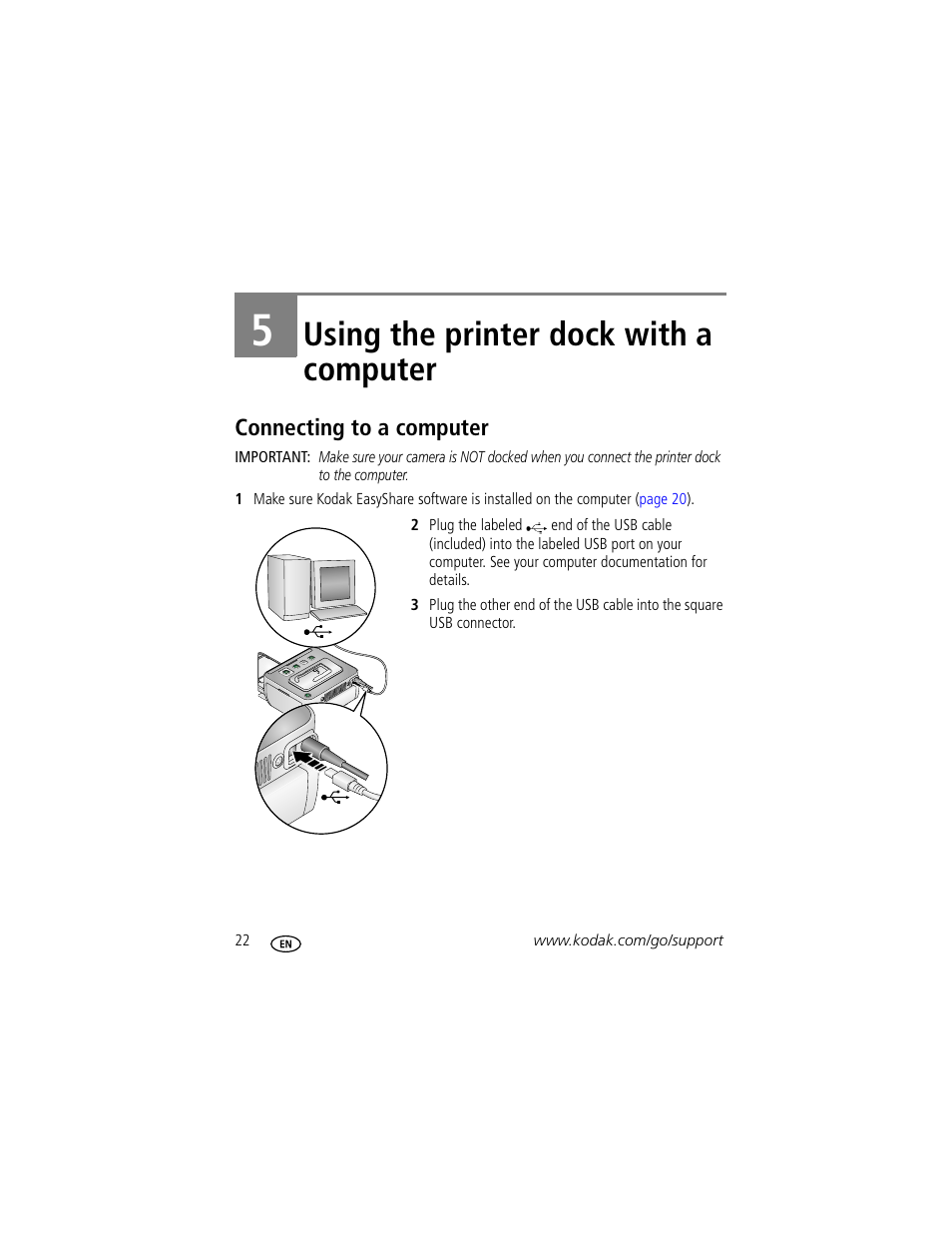 Using the printer dock with a computer, Connecting to a computer, 5 using the printer dock with a computer | Kodak G600 User Manual | Page 28 / 76