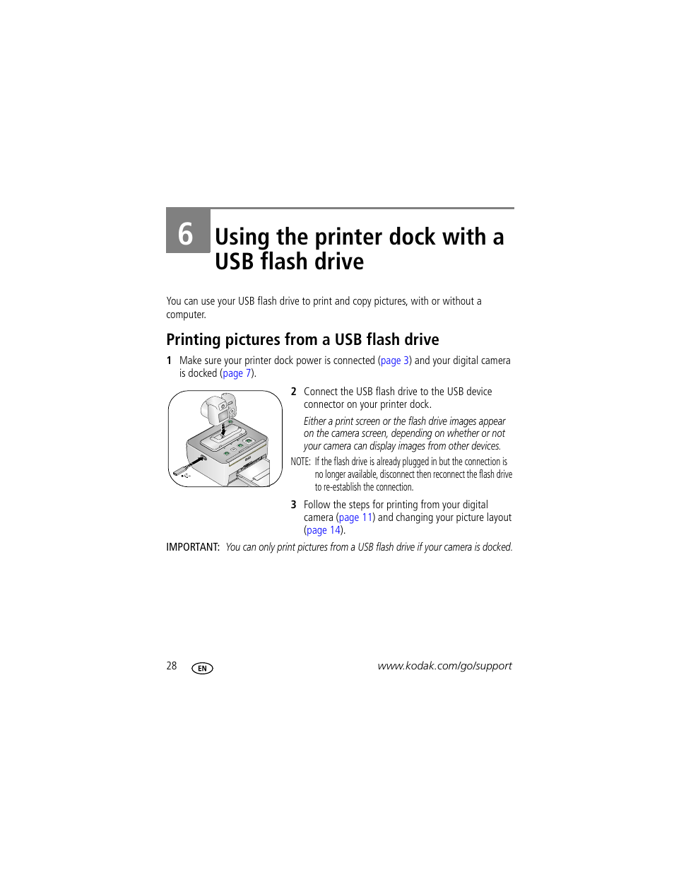 Using the printer dock with a usb flash drive, Printing pictures from a usb flash drive, 6 using the printer dock with a usb flash drive | Kodak G600 User Manual | Page 34 / 76