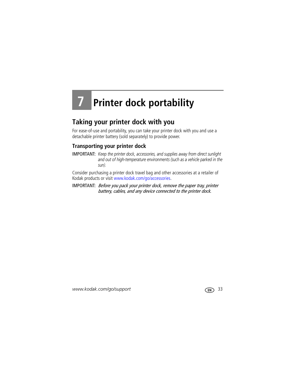 Printer dock portability, Taking your printer dock with you, Transporting your printer dock | 7 printer dock portability | Kodak G600 User Manual | Page 39 / 76