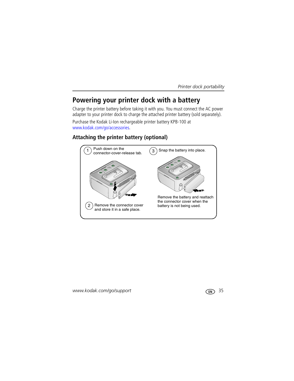 Powering your printer dock with a battery, Attaching the printer battery (optional) | Kodak G600 User Manual | Page 41 / 76