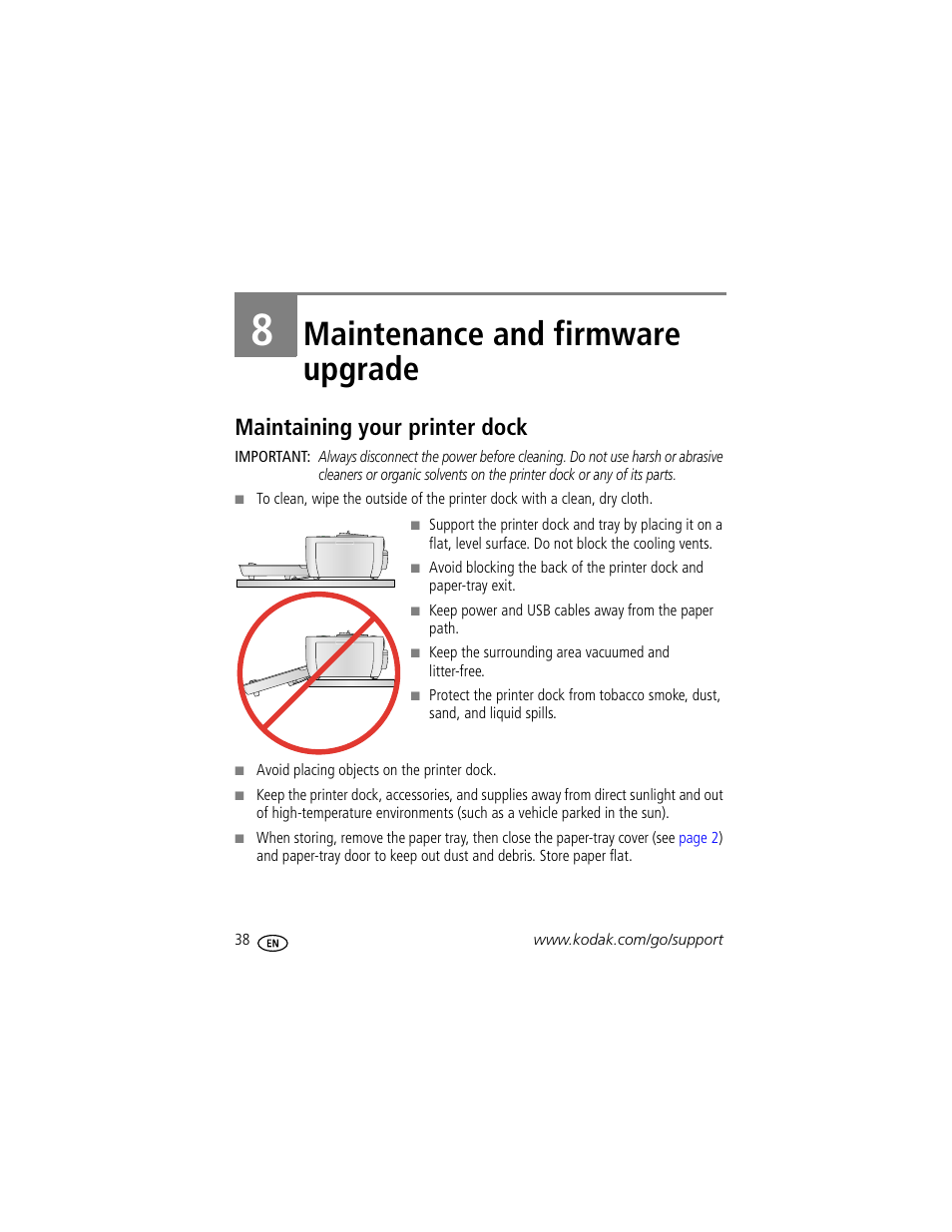 Maintenance and firmware upgrade, Maintaining your printer dock, 8 maintenance and firmware upgrade | Kodak G600 User Manual | Page 44 / 76