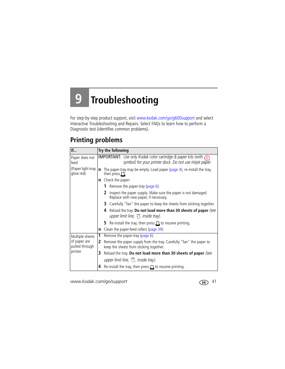 Troubleshooting, Printing problems, 9 troubleshooting | Kodak G600 User Manual | Page 47 / 76