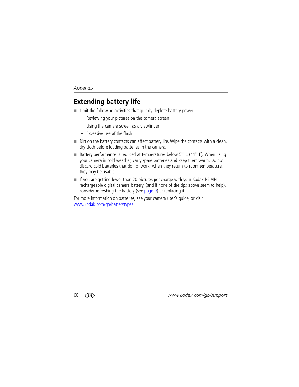 Extending battery life | Kodak G600 User Manual | Page 66 / 76