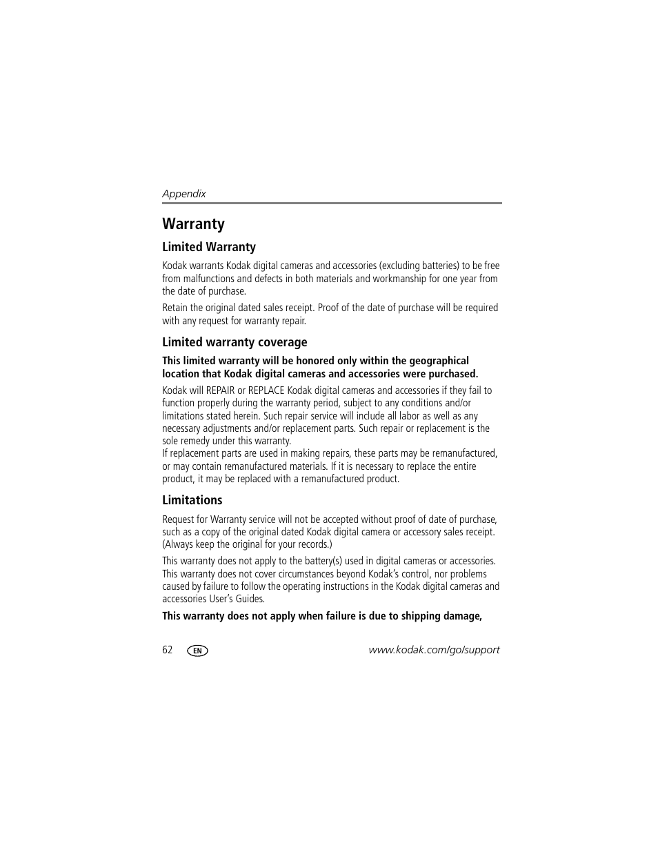 Warranty, Limited warranty, Limited warranty coverage | Limitations | Kodak G600 User Manual | Page 68 / 76
