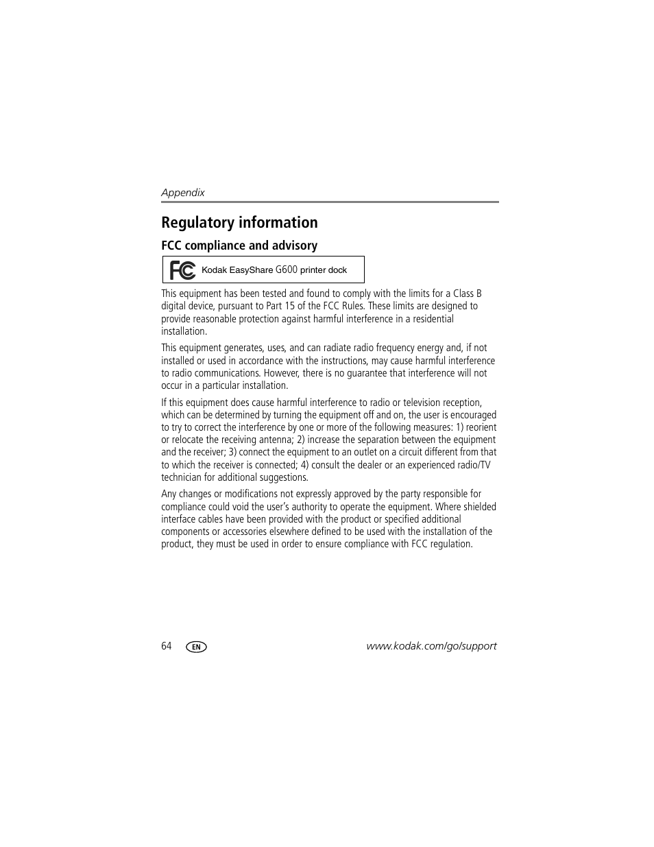 Regulatory information, Fcc compliance and advisory | Kodak G600 User Manual | Page 70 / 76