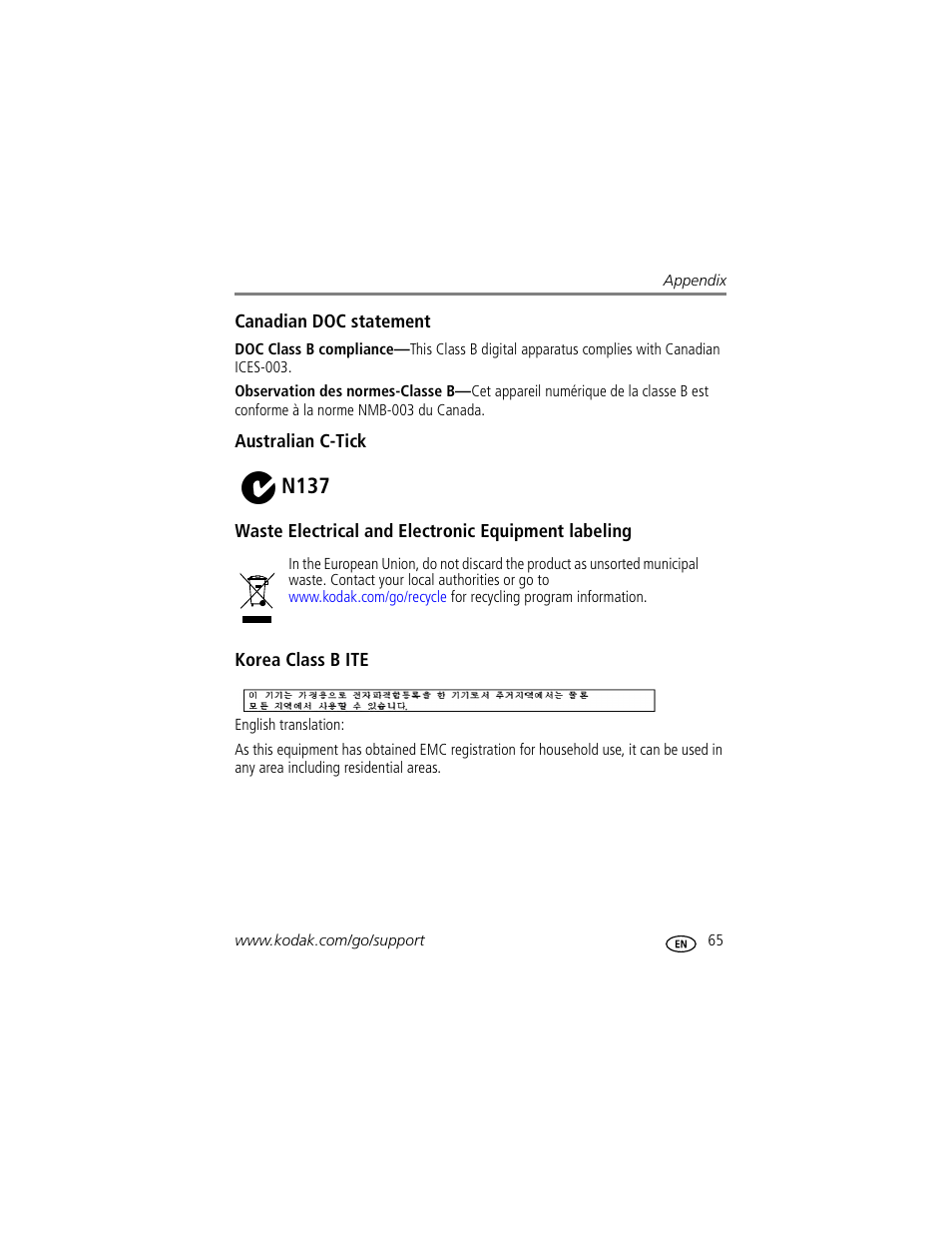 Canadian doc statement, Australian c-tick, Waste electrical and electronic equipment labeling | Korea class b ite, N137 | Kodak G600 User Manual | Page 71 / 76