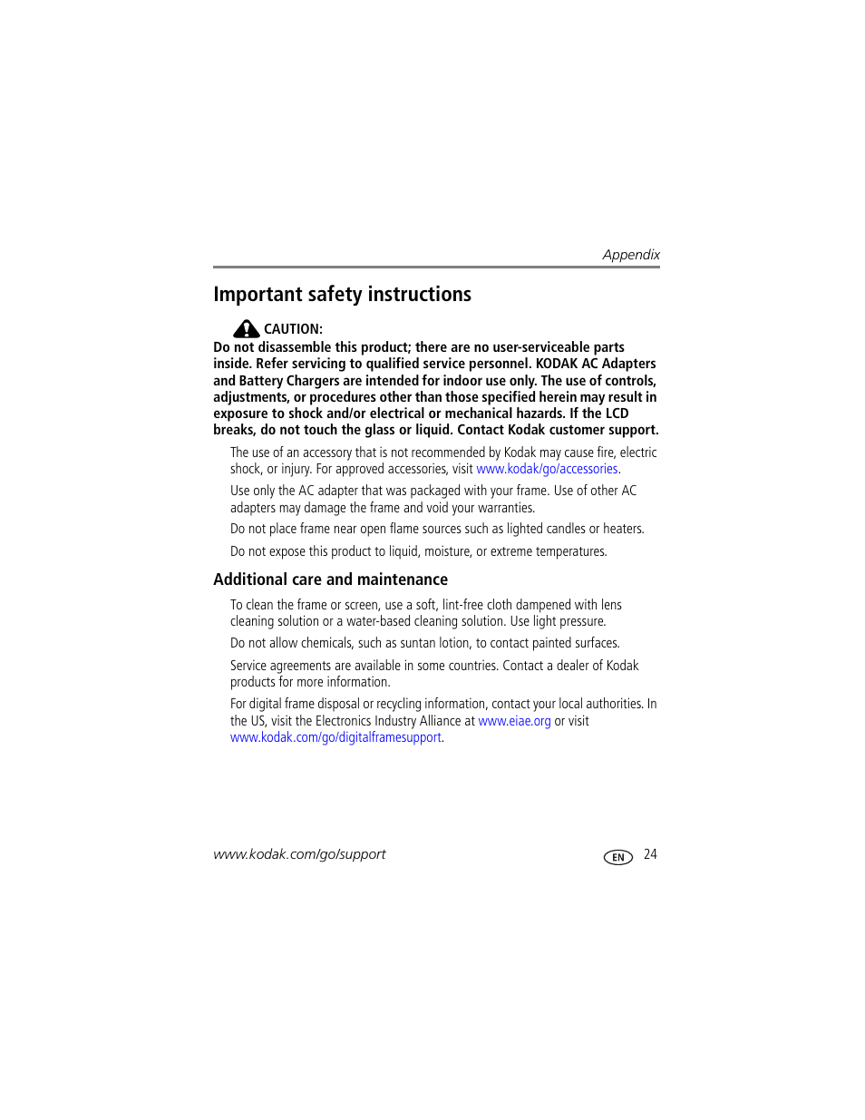 Important safety instructions, Additional care and maintenance | Kodak EASYSHARE D1025 User Manual | Page 29 / 36