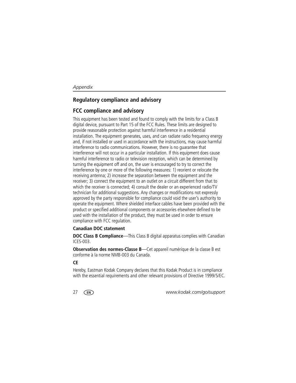 Regulatory compliance and advisory, Fcc compliance and advisory, Canadian doc statement | Kodak EASYSHARE D1025 User Manual | Page 32 / 36