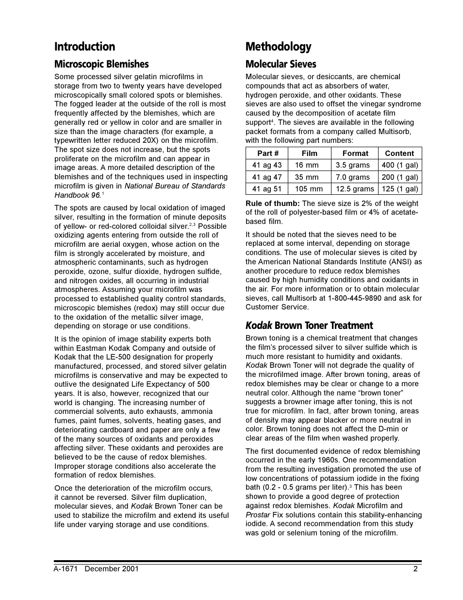 Introduction, Microscopic blemishes, Methodology | Molecular sieves, Kodak brown toner treatment | Kodak A-1671 User Manual | Page 2 / 5