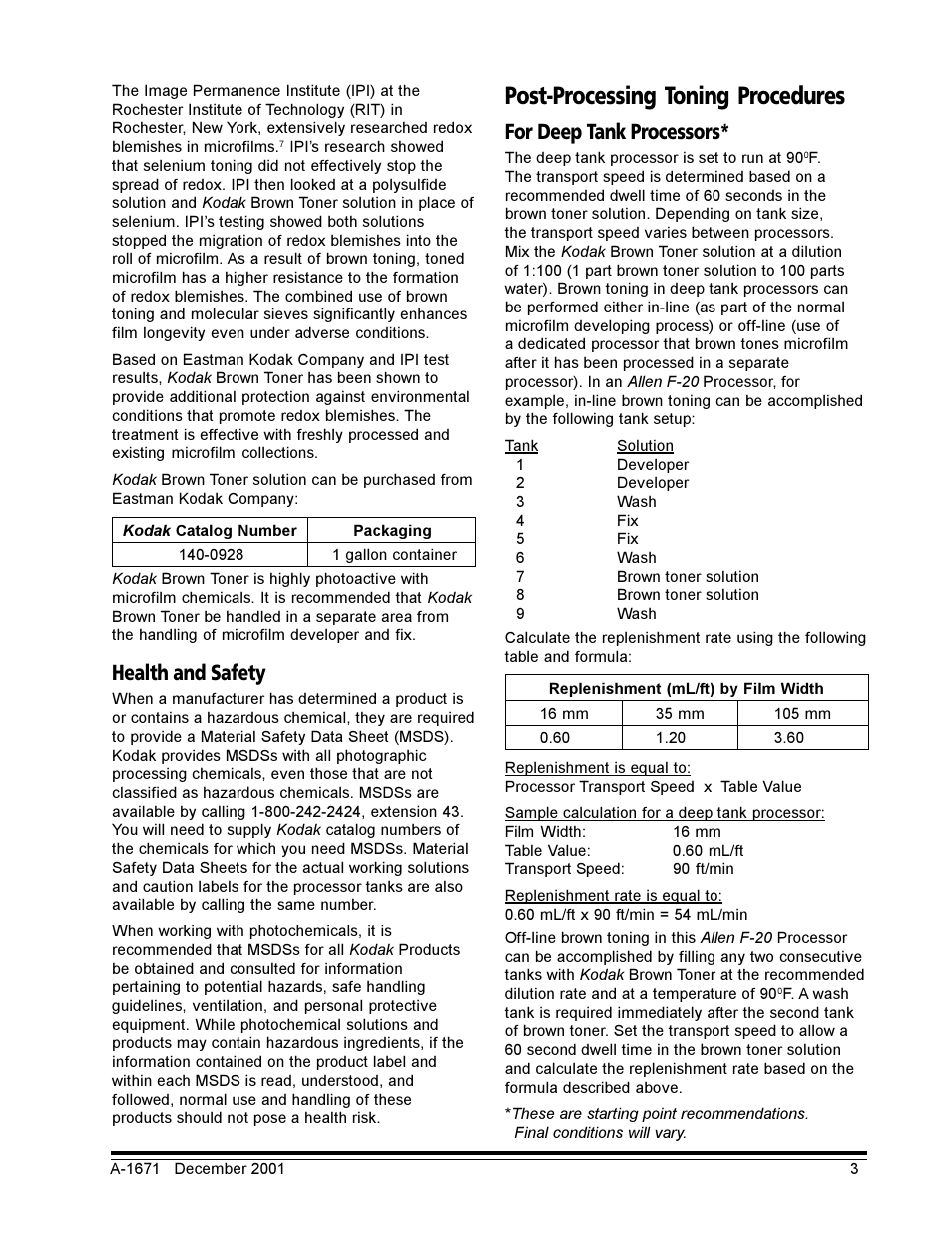 Health and safety, Post-processing toning procedures, For deep tank processors | Kodak A-1671 User Manual | Page 3 / 5