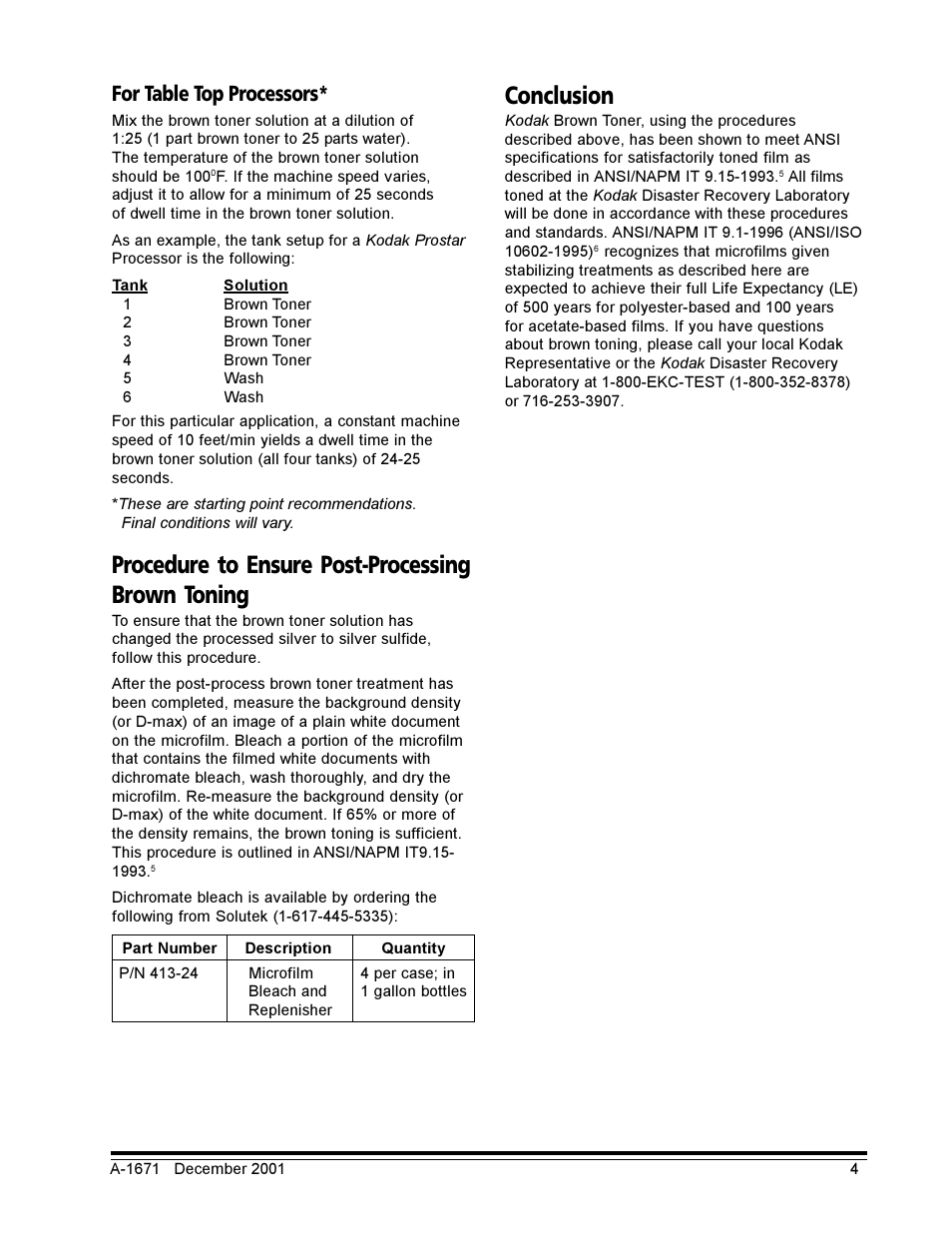 For table top processors, Procedure to ensure post-processing brown toning, Conclusion | Kodak A-1671 User Manual | Page 4 / 5