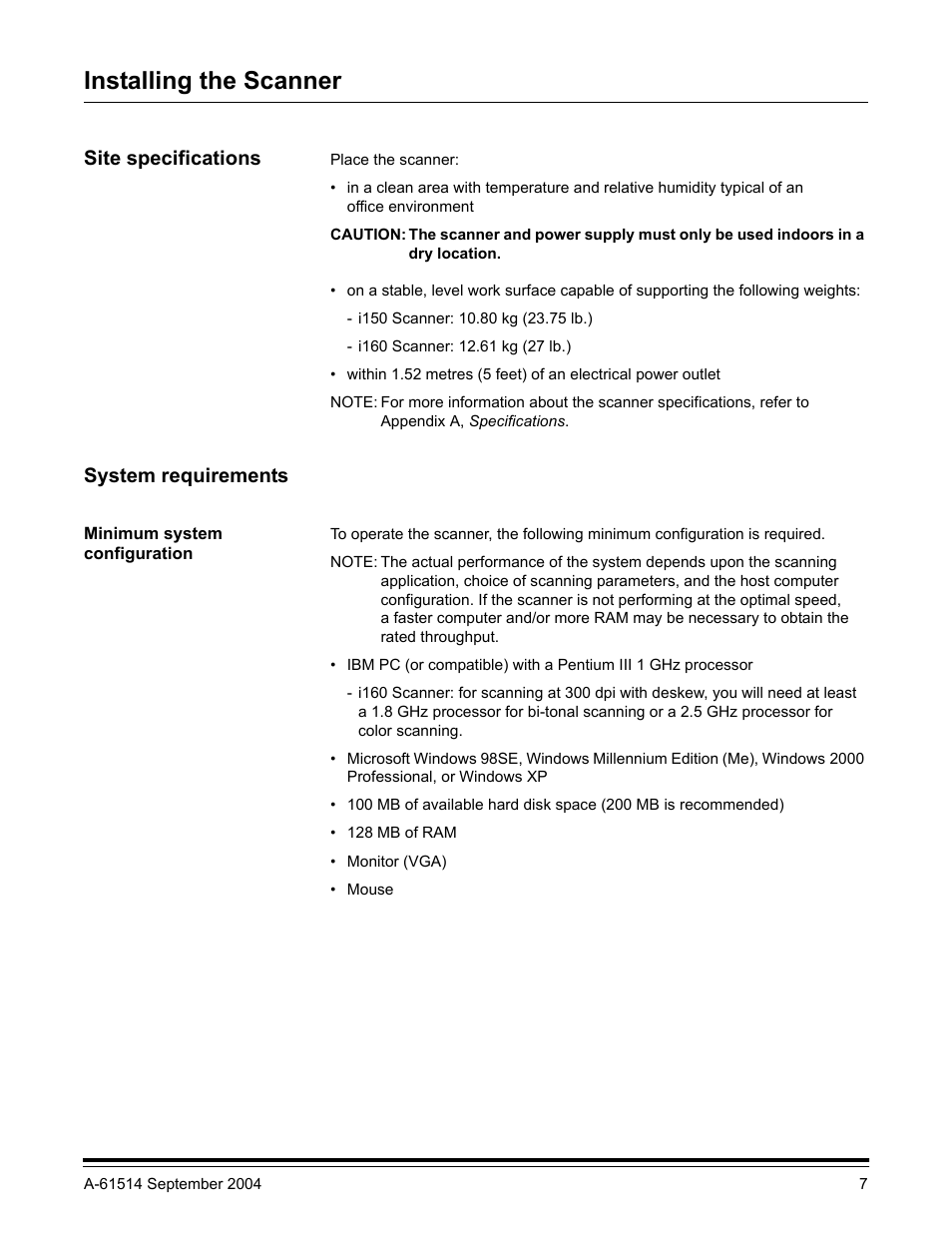 Installing the scanner, Site specifications, System requirements | Minimum system configuration | Kodak INNOVATION I100 User Manual | Page 10 / 40