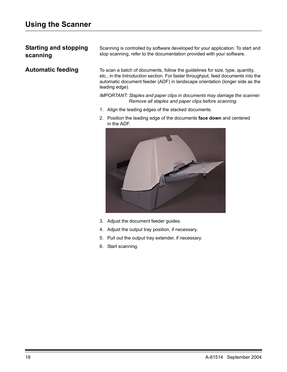 Using the scanner, Starting and stopping scanning, Automatic feeding | Kodak INNOVATION I100 User Manual | Page 21 / 40