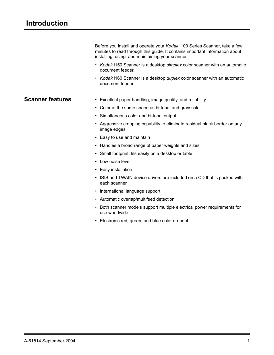 Introduction, Scanner features | Kodak INNOVATION I100 User Manual | Page 4 / 40